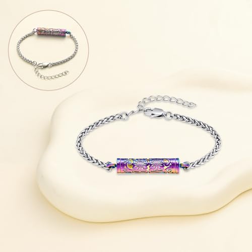 Oinsi Sunflower Urn Bracelet for Ashes Cylinder Bar Cremation Jewelry for Women Men Memorial Keepsake Urn Pendant Ashes Holder Bangle Colorful