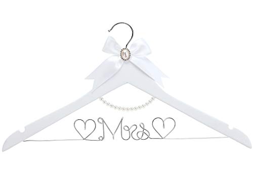 White Solid Wood Bridal Dress Hanger with Lady Wire Lettering for Bridal Wedding Party Gift (Silver Thread and Pearl Chain White Hanger) White,silver