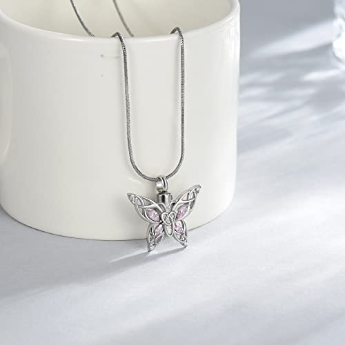 Butterfly Urn Necklace for Ashes Cremation Jewellery for Women Crystal Memorial Pendant Human Pet Ash Holder Keepsake Gift Silver-pink