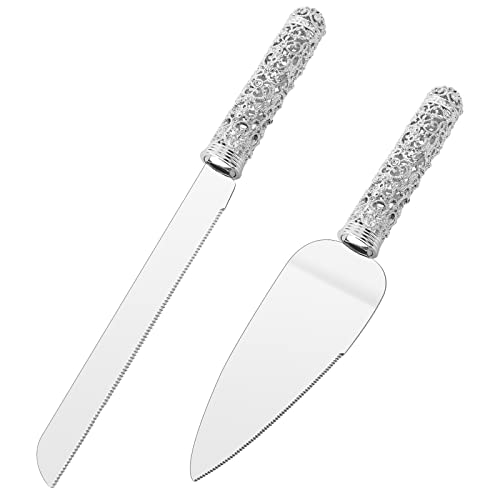 Wedding Silver Cake Knife and Server Set - 2 Pcs Dessert Set Metal Handle with Crystal Stones Decoration for Wedding, Anniversary Party Birthday Banquets, Gifts for Bride and Groom A SILVER