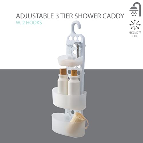 Bath Bliss 3 Tier Adjustable Shelves Shower Caddy | Bathroom Organization | Razor Hooks | Customizable Shelf | Soap Dish | Holds Large Bottles | White
