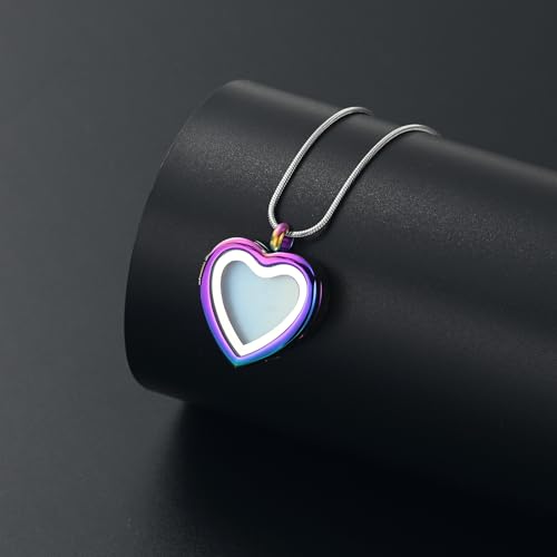 Cremation Jewelry Necklace for Ashes Heart Shaped Memorial Picture Lockets for Ashes Stainless Steel Keepsake Urn Ashes Pendants That Holds Pictures Photo Rainbow