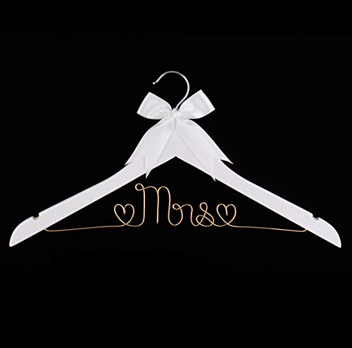 Ella Celebration Mrs Wedding Dress Hanger, Wood and Wire Hangers for Bride to be Gown (White with Light Gold Wire) White With Light Gold Wire