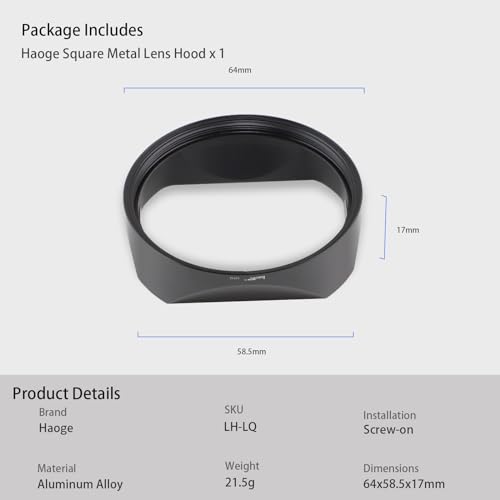 Haoge Metal Square Lens Hood for Leica Q3 Q3-43 Camera Accessories Black LH-LQ343B Black Square for Q3/Q3-43