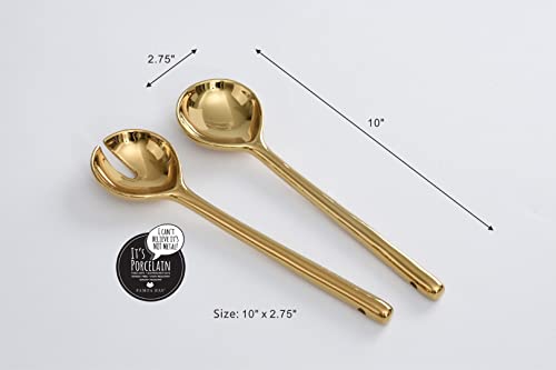 Pampa Bay Wood Look Titanium-Plated Porcelain Salad Server Set, 10.5 Inch, Gold/White/Wood Look