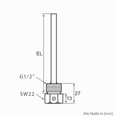 iOVEO Immersion Sleeve Stainless Steel V4A, G 1/2 Inch, Installation Length 50 mm for Temperature Sensor 6 mm Heating up to 600 °C 50mm
