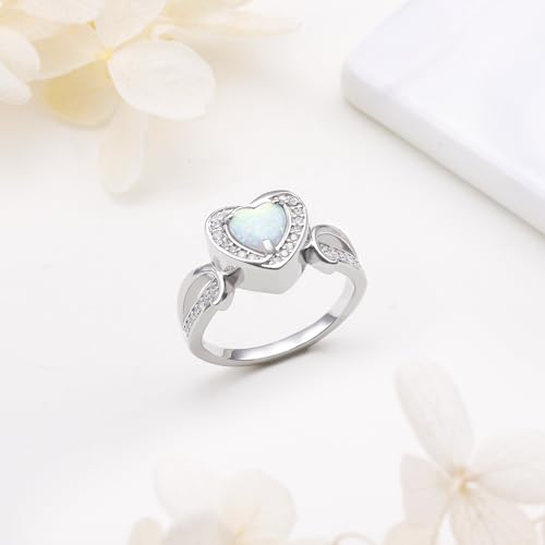 Heart Urn Rings for Ashes for Women 925 Sterling Silver Synthetic Opal Cremation Rings Urn Jewelry for Ashes of Loved Ones White 7