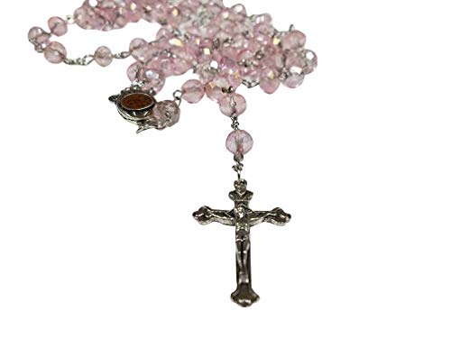 LION OF JUDAH MARKET Catholic Light Pink 10mm Crystal Beads Rosary Holy Soil Medal & Silver Crucifix