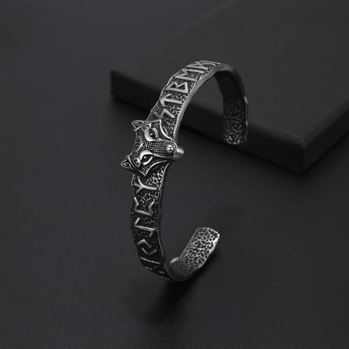 Cupimatch Viking Wolf Head Rune Bracelet Stainless Steel Cast Pattern