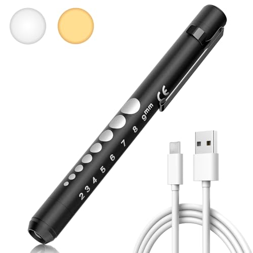RISEMART Pupil Light Diagnostic Light with Pupil Meter and Ruler, Warm/Cool White, Rechargeable USB LED Pen Lamp for Nurses, Students, Doctors (Black) black