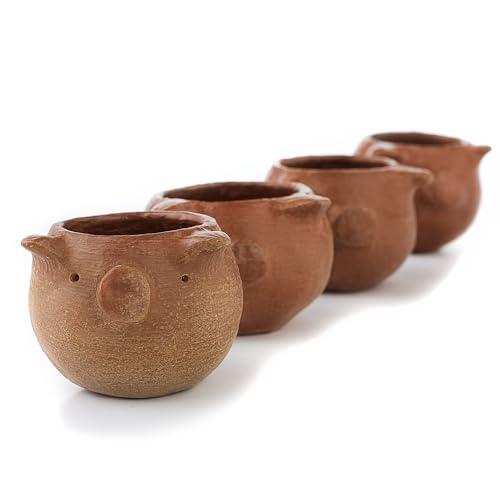 Set of 4 Handcrafted Red Clay Tequila Shot Glasses - Artisanal Barware from Oaxaca, Mexico (Pigs) Pigs