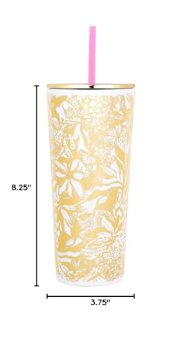 Lilly Pulitzer Gold Double Wall Tumbler with Lid and Reusable Straw, Insulated Travel Cup Holds 24 Ounces, Safari Sangria