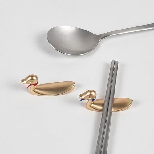 Mandarin Duck Couple Spoon Rest Set - Traditional Korean Harmony Symbol Gold Tone - Magnetic Utensil Holder - Wedding Housewarming Gift