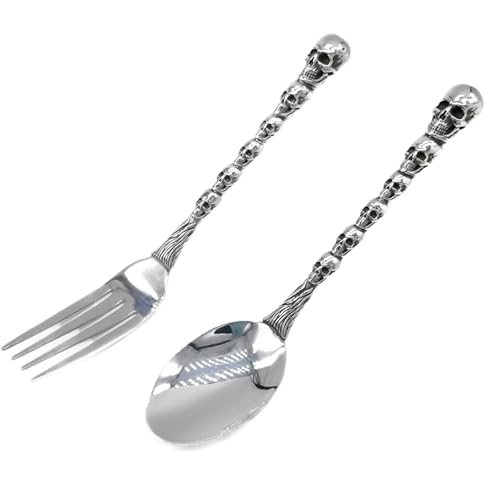 Skull Motif Serving Spoon Fork Set, Premium Stainless Steel Fork Spoon Silverware Set, Unique styles 3D Skulls, Dishwasher Safe, for Home, Kitchen, or Halloween Decorations