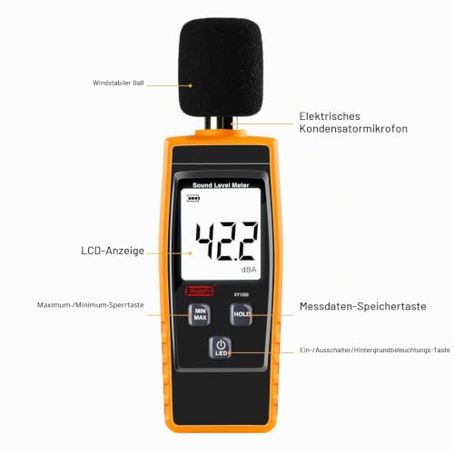 Decibel Meter, Portable dB Meter (Sound Level Meter), Digital Noise Meter, Range 30-130 dB(A) dB Meter, Noise Level Sound Monitor Tester, Yellow