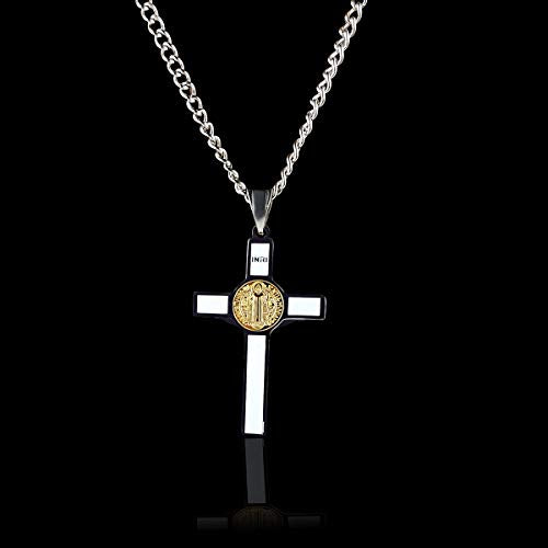 Unique Saint Benedict Crucifix - Two Tone Gold and Silver Color Stainless St Benedict Cross Necklace White