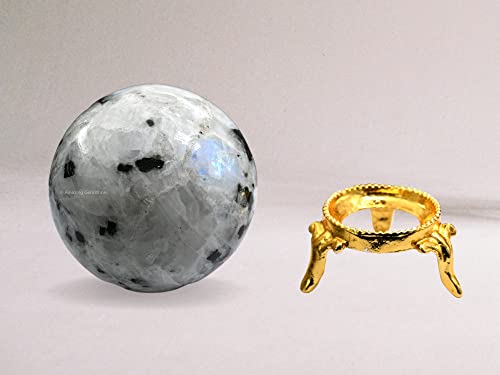 Rainbow Moonstone Crystal Sphere Round Ball with Sphere Holder Stand, Natural Healing Stone Sphere for Massage Meditation Crystal Grid Witchcraft Supplies Reiki Yoga Medium Rainbow Moonstone