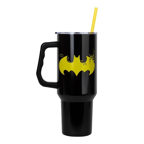 Silver Buffalo DC Comics Batman Logo Double Walled Stainless Steel Tumbler with Handle and Straw, Fits in Standard Cup Holder, 40 Ounces