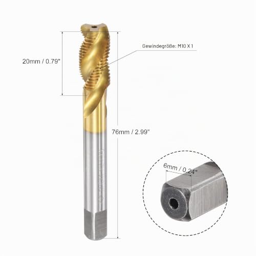 sourcing map M10 x 1 High Speed Steel Spiral Groove Tap | Titanium Coated Machine Tap 3 Flute Tapping Tool H2 Tolerance