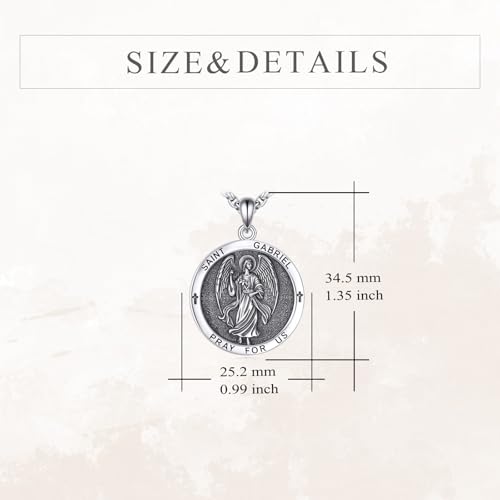 VONALA Saint Necklace 925 Sterling Silver Patron Saint Medal Pendant Amulet Protection Religious Jewellery for Men Women with 2.5mm 22"+2" Steel Chain (with Gift Box) Saint Gabriel（Round）