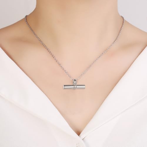 Minimalist T Bar Cremation Urn Necklace For Ashes Of Loved Ones Stainless Steel Keepsake Memorial Pendant For Women Silver