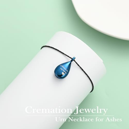 Yinplsmemory Carved Teardrop Keepsake Ashes Necklace Urn Pendant Cremation Memorial Jewelry-Always in my heart Blue