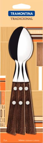 Tramontina 22203/300 Traditional Heavy Duty Natural Wood Pattern Table Spoon, 7.5 inches (19 cm), Set of 3, Cutlery, Blister Pack, Lightweight, Natural Wood, Made in Brazil