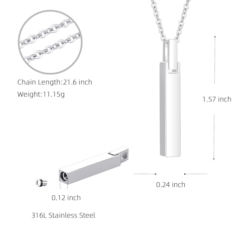 Urn Necklaces for Ashes Cremation Jewelry Loved Ones Stainless Steel Bar Ashes Necklace Memorial Ash Pendant for Men Women - With Me Always Silver