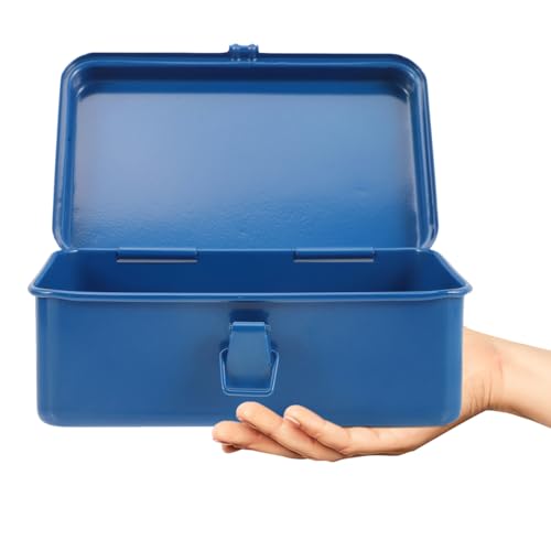 Housoutil blue portable metal tool box with hand-carry handle and storage compartments