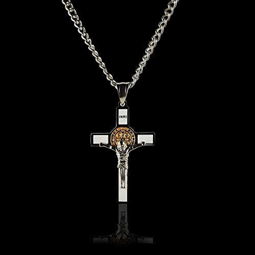 Unique Saint Benedict Crucifix - Two Tone Gold and Silver Color Stainless St Benedict Cross Necklace White