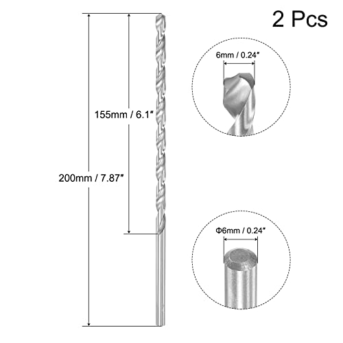 sourcing map 2 pieces HSS twist drills (high speed steel) extra long twist drill bit 6 mm drill diameter 200 mm length 6x200mm