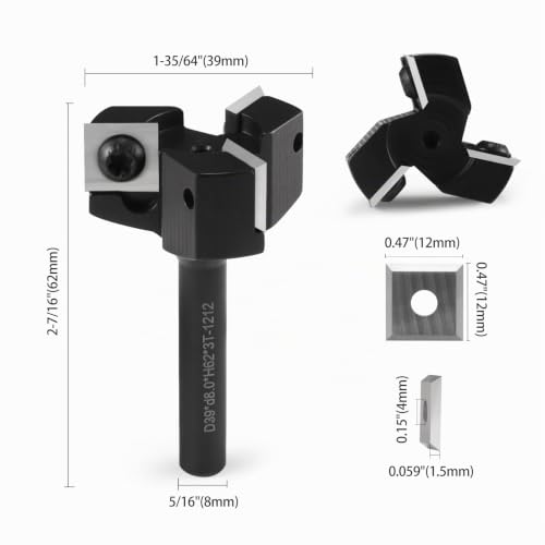Face Milling Cutter 6 mm Shank 25.4 mm with 10 Interchangeable Carbide Blades 2 Flutes Face Cutter for Router Cutter CNC Machines One (3 Flutes, S = 8 mm, D = 39 mm) S=8 mm, D=39 mm 3 flutes