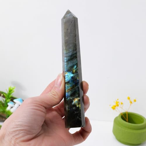 Apengshi 1PCS Natural Crystal Labradorite Tower 5.9"-6.3" (15-16cm) 6 Faceted Single Point Prism Healing Crystal Wand for Meditation Reiki Chakra Therapy