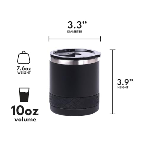 Elemental Recess Lowball Tumbler Set of 2, 10oz Triple Wall Stainless Steel Cup with Non-Shattered Tritan Lid, Insulated Whiskey Glass, Insulated Coffee Tumbler Mug for Hot & Cold Drinks - Black 10 Ounces Black(Pack of 2)