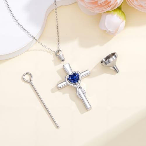 YYB Urn Necklace for Ashes Women Heart Birthstone Cross Cremation Jewelry 009-Sep-Sapphire