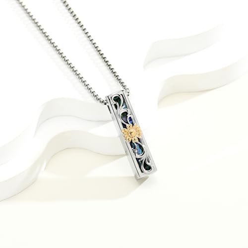 Abalone Shell Urn Necklace for Women Men Tree of Life/Sunflower/Mountain Cremation Jewelry for Ashes Bar Urn Pendant Cremation Ashes Necklace Keepsake Loved Ones Memorial Gift Gold-Sunflower