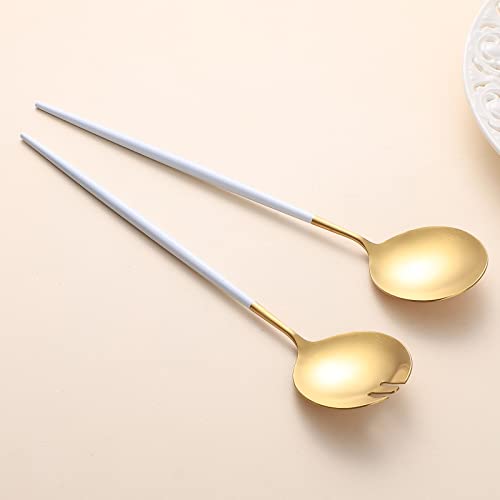 Salad Servers,Spoon and Fork Set 11.41 inch,18/10 Stainless Steel Salad Serving Titanium Plating (White gold) White/Gold