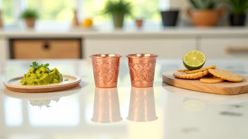 DEDE Copper - 2023 CC Series 2 oz (Set of 2) Tequila/Vodka Shot Glasses, Mini Moscow Mule Cup, Handmade Unlined Uncoated Thickest Pure Solid Copper mini Tumblers for Cocktails (Engraved Tulip) Engraved Tulip
