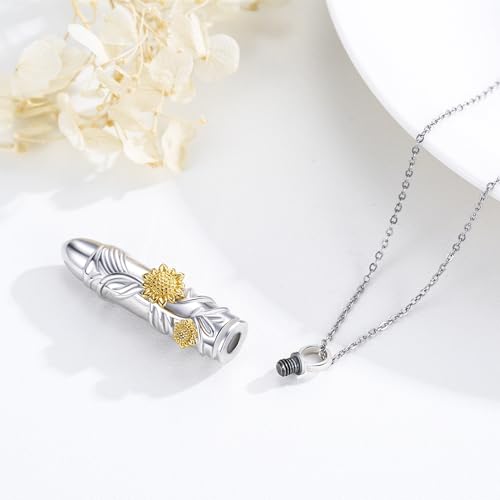 Bullet Urn Necklace for Ashes Cremation Jewelry 925 Sterling Silver Sunflower Pendant Necklace Memorial Keepsake Pendant