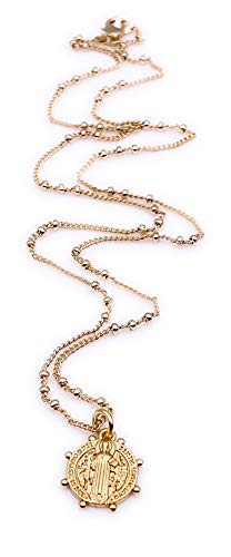 LESLIE BOULES Gold Saint Benedict Round Medal Necklace for Women 18K Gold Plated Chain Religious Jewelry