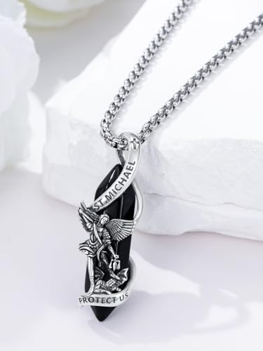 Seiyang Saint Necklace 925 Sterling Silver St Michael/St Christopher/St Jude/Saint Benedict/Knights Templ/Saint Patrick Pendant Necklace Amulet Protection Jewellery for Men Silver and black