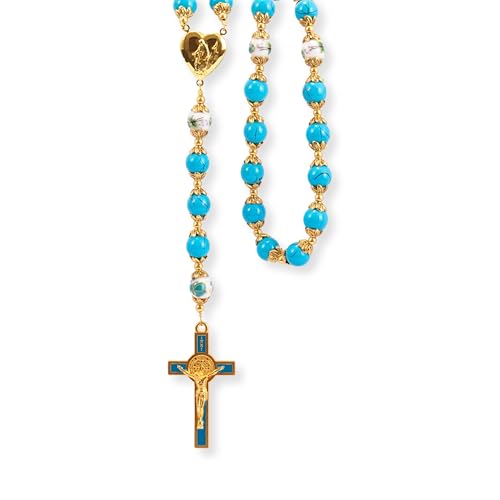 Nazareth Store Saint Benedict 10mm Glass Rosary Beads Catholic Necklace Flowers Mystery Bead Miraculous Medal Locket Cross Prayer Rosarios Catolicos Turquoise