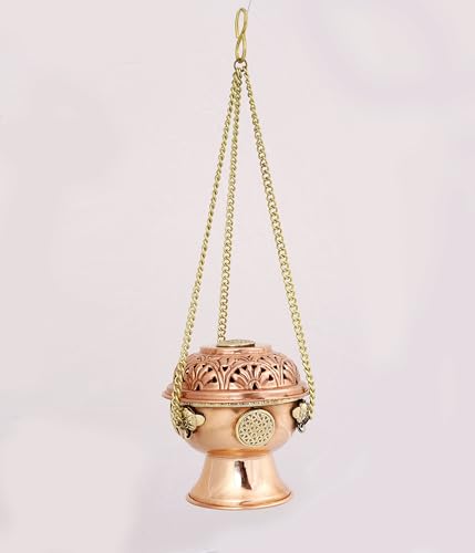 Indian Consigners Copper Altar Incense Charcoal Burner with Chain, Flower of Life Design, Hanging Incense Holder for Home, Altar & Spiritual Décor