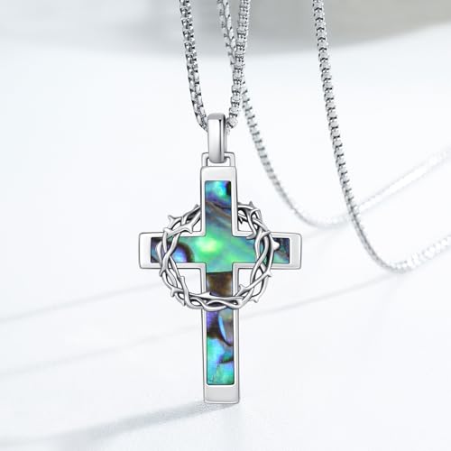 Cross Necklace for Men Women 925 Sterling Silver Cross Pendant Christian Necklace Religious Jewellery Birthday Gifts for Men Women A01-Cross Thorns Abalone