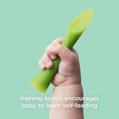 Olababy 3 Piece Parent Led and Baby Led Weaning First Feeding Set, Includes Training Spoon, Feeding Spoon and Suction Bowl with Lid Baby First Feeding Set Kiwi / Lime