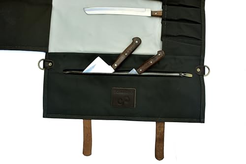 EVERPRIDE Stunning Waxed Canvas Roll Bag in Rich Dark Green w Genuine Leather Trim. Handsome Professional Chef Knife Roll Bag with upto 14" Knives and Storage Compartments A Super Gift
