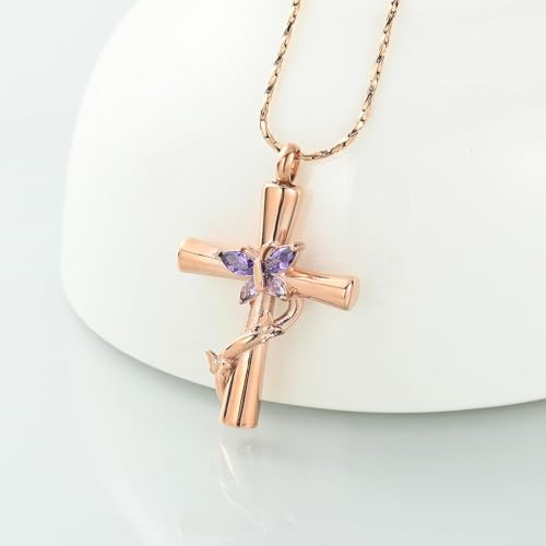 Urn Necklaces for Ashes Butterfly Cremation Jewelry for Ashes Cross With Crystal Butterfly Memorial Ash Pendant Keepsake Jewelry Gifts for Loss of Loved One Rose&purple
