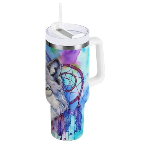 YETTASBIN Wolf 40 oz Tumbler with Handle, Stainless Steel Vacuum Insulated Sports Water Bottle, Leak-proof Travel Coffee Mug Cup with Lid and Straw for Water, Iced Tea or Coffee 40 Ounces