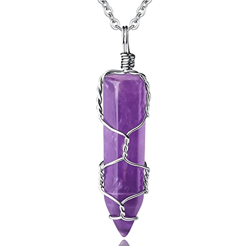QINJIEJIE Crystal Necklace Healing Crystal Jewelry Reiki Spiritual Natural Quartz Stones Gemstone Hexagonal Point Wire Wrapped Necklaces for Women Men Mother's Day Gift W- Purple - Amethyst