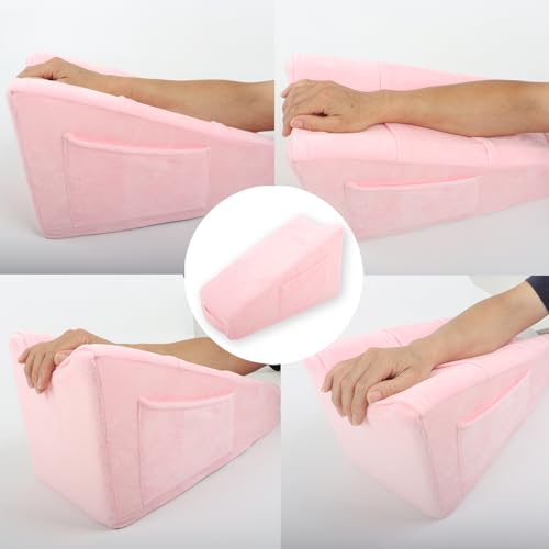 Sexysamba Arm Pillow Arm Elevation Pillow with 5 Pockets for Post Surgery Support Pillow for Elbow Arm Rest Wedge Pillow Shoulder Surgery Pillow with Removable Non-Slip Bottom Pillow Case - Pink 15.57"x9.4"x7.9"